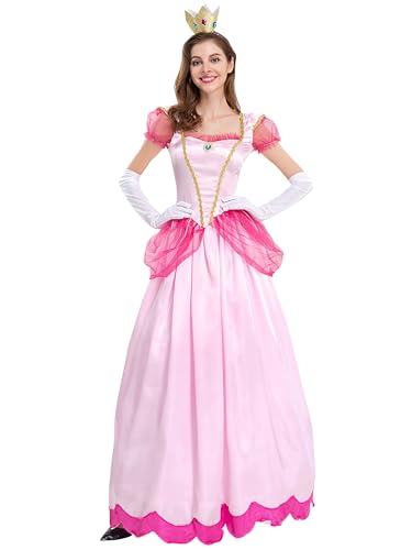 New front Disfraz de Princesa Peach Largo Vestido Adulto Mujer Mangas cortas Elegancia Moda Cosplay Navidad Cumpleaños Fiesta Costume Carnaval Halloween Con Accesorios,Rosa,XL