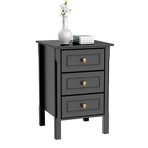 Yaheetech Mesita de Noche con 3 Cajón Mesilla Auxiliar Armario Madera 40x40x60cm Negro