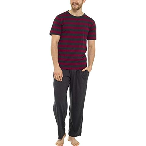 Tom Franks Mens Stripe Cotton Jersey Long Pyjamas Red & Grey Large Cover
