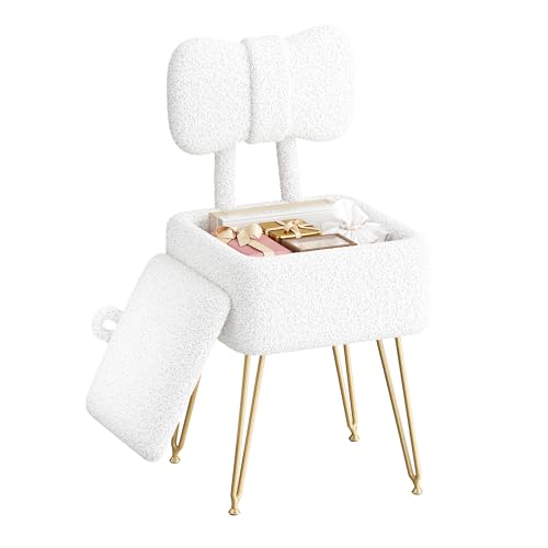 GLANZALANT Small Vanity Chair with Storage Vanity Stool with Folding Back Chair for Vanity Footrest Footstool Ottoman Teddy Fleece Vanity Stool for Makeup Bedroom Living Room White
