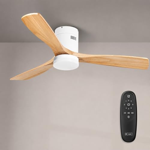M mimotec - Ventilatore da Soffitto LED White Energy, Motore DC 35W + LED 18W, 6 Velocità, Silenzioso, 3 Pale Effetto Legno, Ø132 cm, Funzione Estate/Inverno, Timer, con Telecomando.
