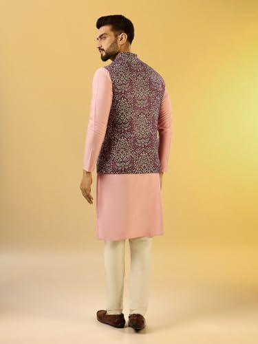Image of KISAH Men Printed Kurta Jacket Set, Full Sleaves, Knee Length, Straight, Regular Fit, Mandarin Collar Ethnic Wear