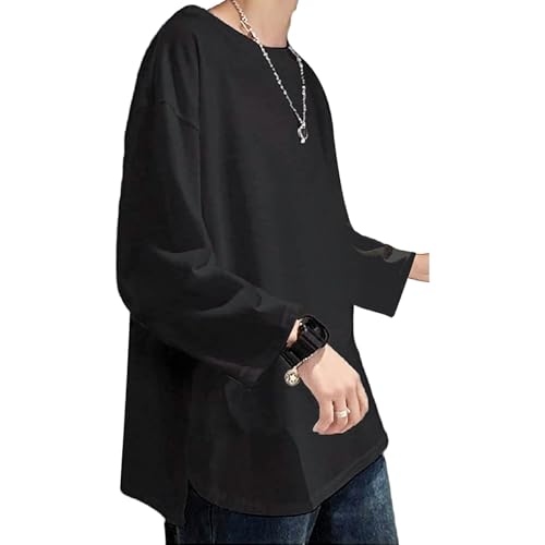 [Hiboss] tシャツ メンズ 長袖 半袖 大きいサイズ 無地 厚手 ラウンドカット おしゃれ ゆったり 冬服 ロンT 黑4XLの商品画像（Amazon）