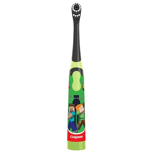 colgate kids battery powered minecraft toothbrush extra soft kids battery toothbrush with 1 aa battery included made for ages 3 and up features easy on and off switch flat lay handle 1 count