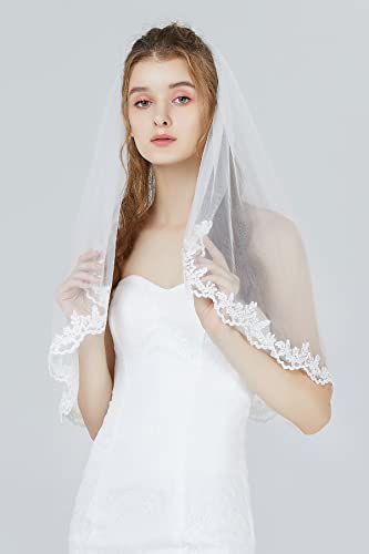 Beautelicate Wedding Bridal Veil With Comb 1 Tier Lace Applique Edge Fingertip Length 36" (Elbow Length 28", Ivory) #TOP1