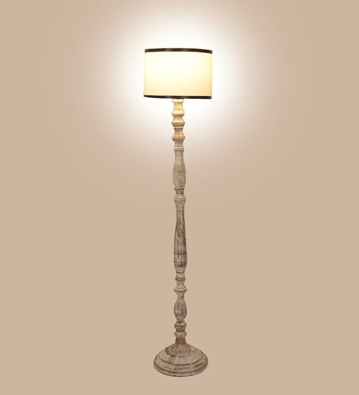 Image of tu casa Mango Wooden Floor Lamps with White Stripe Shade for Home Decor, Bedrooms Corner, Living Room, Gifting, Diwali Decoration, Hall, Office, Study Room (Height: - 56 inch) - Bulb not Included