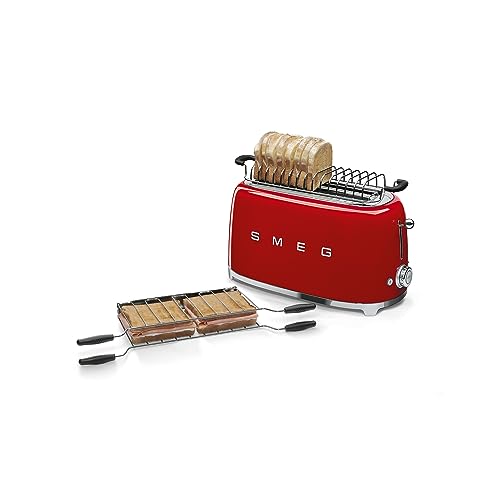 Image of Smeg Toaster, 2 Extra Wide Slot for 4 Slices, Original Italian Brand, Auto Center for Even Browning, Smart Crumb Tray, Multi-Use: Defrost, Reheat & Bagel, 6 Toast Levels, 1500W, TSF02RDEU, Red