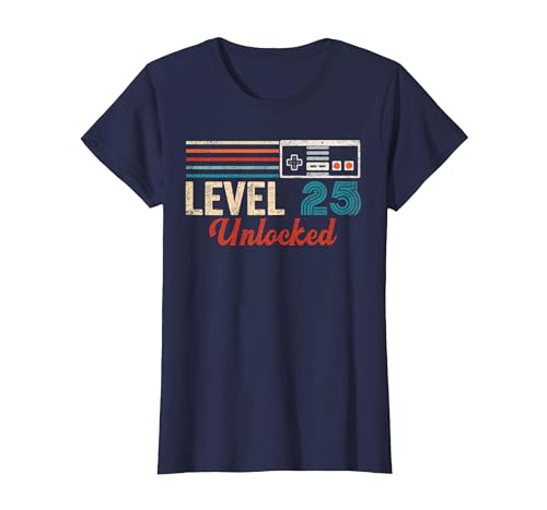 Unlocked Level 25 Birthday Boy Video Game Controller T-Shirt, Women, Navy Blue, Small