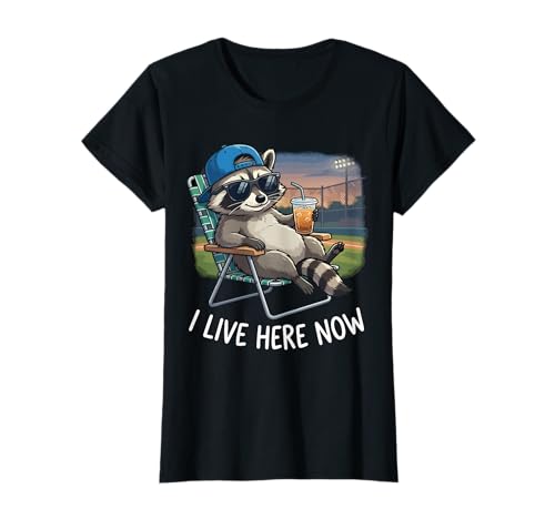Funny Raccoon Baseball Iced Coffee Lover I Live Here Now T-Shirt