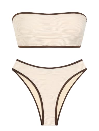 Image of ZAFUL Women Strapless Textured Bandeau Bikini 2 Piece Swimwear Cheeky Solid Lace up Bathing Suits