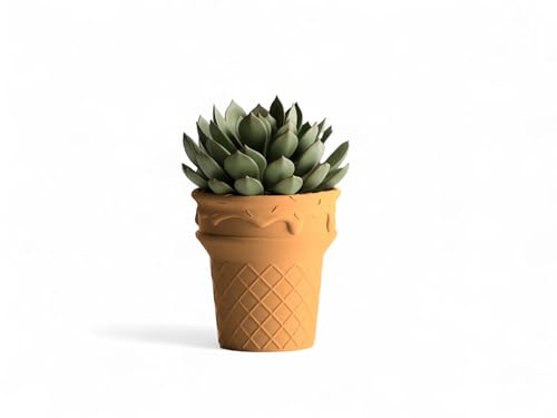 Modern Ice Cream Cone Succulent Planter – Fun Novelty Flowerpot for Indoor Plants, Cactus, Herbs for Plant Lovers, Office, Desk or Kids' Room Decor (Wood Brown (Khaki), Regular 8
