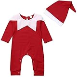 Nicoxijia Newborn Baby My First Christmas Outfit Boy Girl Elf Santa Claus Costumes Long Sleeve Romper Jumpsuit with Hat Set (F-Red, 12-18 Months)