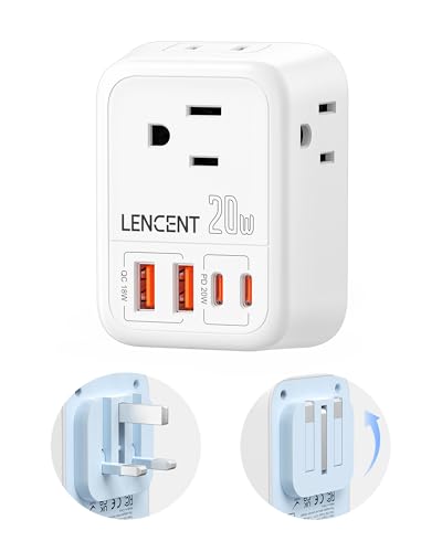 Image of LENCENT Foldable US to UK Ireland Travel Plug Adapter, PD 20W Type G Power Adaptor with 4 Outlet, USB C Fast Charger Adapter, USA to Dubai Scotland British London England Hong Kong Irish Qatar