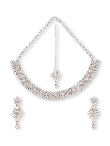 Image of Atasi International Silver Plated Alloy Choker Necklace Jewellery Set with Earrings and Maang Tikka (White)