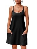 Ekouaer Nightgowns for Women Cotton Sleepwear Adjustable Spaghetti Strap Sleepshirt Racerback Sleep Dress with Pockets Black L