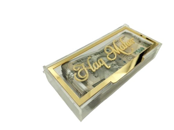 ChoiceHub Gifts Acrylic Haq Maher Money Gift Box with Golden Inscription – Jewellery and Cash Gift Box, Keeps up to 100 Currency Notes – 16x8x4 cm (English Haq maher)