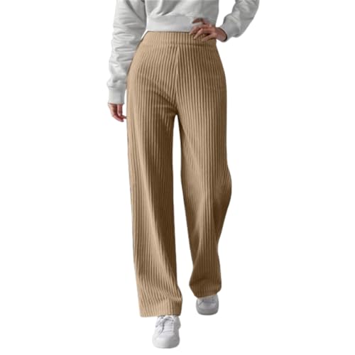 Pantalones de Punto Acanalado para Mujer Reino Unido Cintura Alta de Tirar Elásticos Pierna Ancha Rectos Palazzo Pantalones de Otoño e Invierno Ligeros Fluidos de Forro Polar Cómodos Térmicos