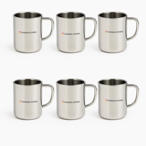 Image of Human Hydro Stainless Steel Mugs - Set of 6 (240 ml Each) | Tea Cups for Family | Rust-Free Coffee Mugs, Spill-Proof Rim, Durable & Hygienic