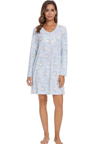 Image of Kabento 2 Pack Long Sleeve Nightgowns for Women Soft Cotton Night Gowns Sleepwear V Neck Nightshirts