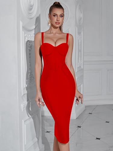 Image of Bandage Womens Formal Dress Spaghetti Strap Bodycon Prom Dress Celebrity Sexy Sleeveless Midi Evening Club Party Wear
