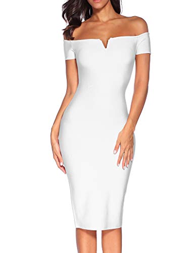 Madam Uniq iFashion Women's Rayon Off Shoulder Bodycon Bandage Dress Knee Length White XS