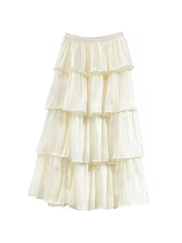 Vestido de Fiesta Midi con Volantes escalonados y Cintura elástica-Blanco Roto-M