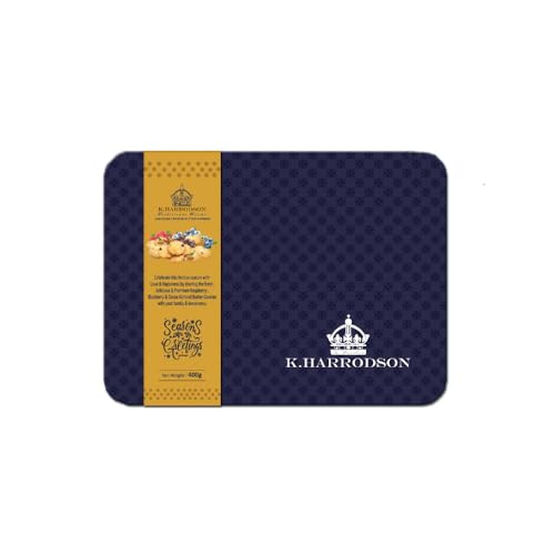 Image of K.Harrodson Assorted Crunch Butter Cookies • Cocoa Chips & Almond • Blueberry & Almond • Raspberry & Almond • Blue Tin Gift Box, 14.11 oz ℮ 400 g