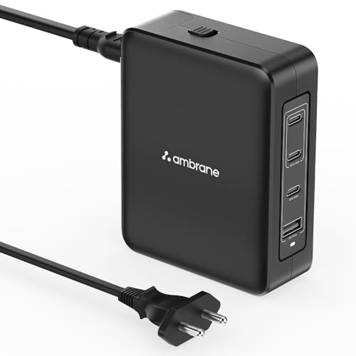 Image of Ambrane 150W Fast Charger for All Mobiles, Type C Laptops - MacBook All Models & Windows Type C Laptops, 4 Ports - 3 Type C, 1 USB, GaN Adapter, Long Cable, Perfect for Table (RAAP HUB 150 Black)