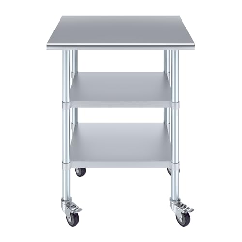 Image of AmGood Stainless Steel Work Table with 2 Shelves and Casters | Metal Utility Table On Wheels (Stainless Steel Work Table with 2 Shelves + Casters, 30 inch Long x 24 inch Deep)