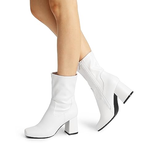 DREAM PAIRS Women's Mid Calf Gogo Boots Low Block Heel Square Toe Ankle Boot with Zipper for Party Cosplay Dance,Size 6,White,SDMB2301W
