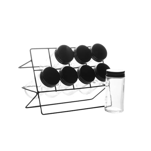 LYOR - Conjunto 8 Potes de Vidro para Temperos e Suporte em Metal Preto - 90ml
