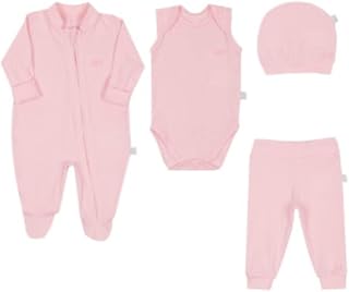 Kit 4 Peças Bebê Macacão e Body e Calça e Touca Suedine Letut Cor:Rosa;Tamanho:RN
