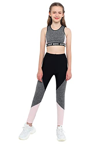 Aiihoo Chándal para niños y niñas, 2 unidades, con parte superior y leggings para yoga, pantalones largos deportivos, ropa deportiva, fitness, entrenamiento, A gris., 134 cm-140 cm