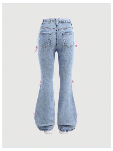 GORGLITTER Girl's Bow Baggy Jeans Wide Leg Flare Y2k Zipper Skinny Cute Denim Pants with Pockets2