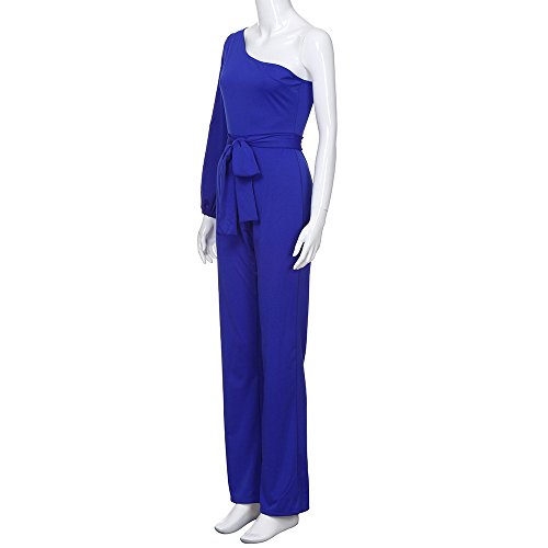 Sulear New Summer Casual Rompers Women Solid Long Sleeve Cold Shoulder Jumpsuit Casual Clubwear Wide Leg Pants Blue #TOP4