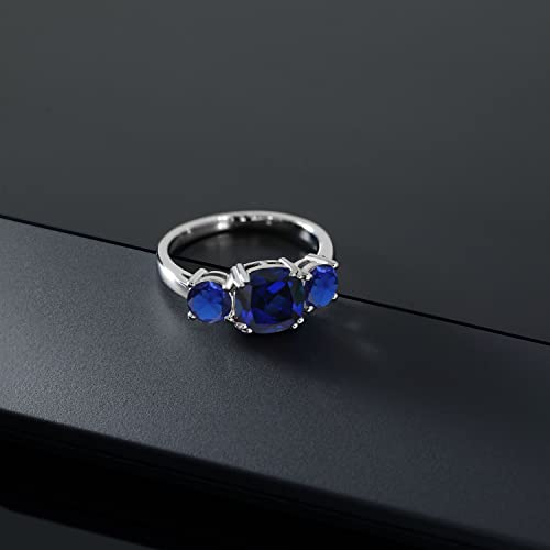 Gem Stone King 3.70 Cttw Blue Created Sapphire 3-Stone Engagement Ring For Women In 925 Sterling Silver | Gemstone September Birthstone | Cushion 8MM | Available in Size 5,6,7,8,93