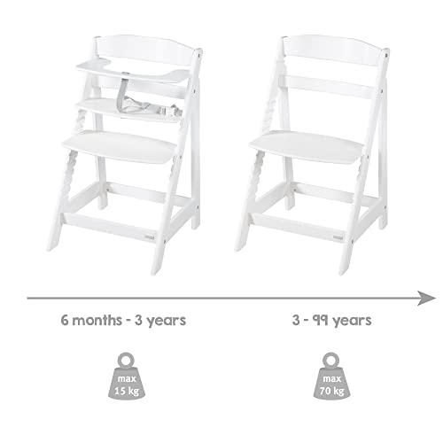 roba Babyhochstuhl Sit Up Flex - Mitwachsender Hochstuhl aus Holz - Verstellbarer Kinderhochstuhl mit Schrittgurt - ab 6 Monaten bis 70 kg - Weiß