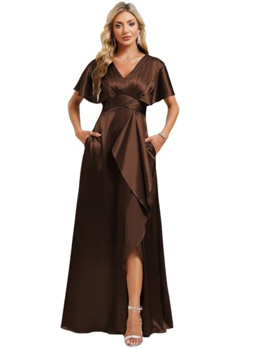 Image of Elegant Satin Bridesmaid Dress with Sleeves Ruffles High Silt Formal Dresses Long for Women Fall DIN022
