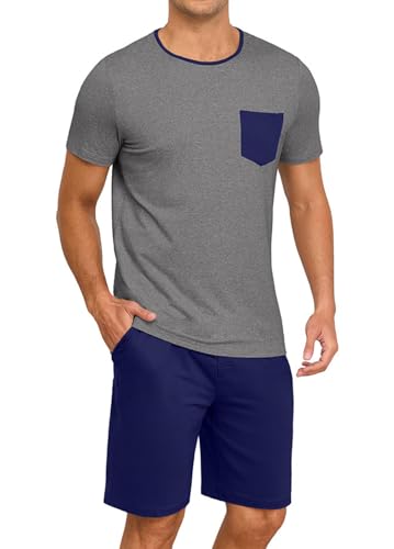 Image of PrinStory Mens Summer Pajamas Set Lightweight Pjs Sets Short Sleeve Pajama Shorts Set Soft Sleepwear Loungewear with Pockets