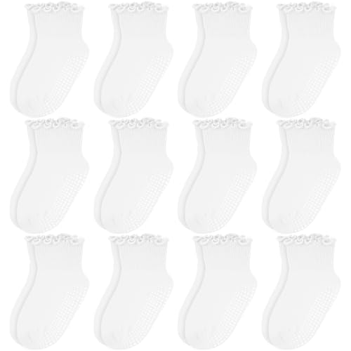 scenicamp 12 Pairs Non Slip Toddler Ruffle Socks for Girls, Cotton Frilly Socks with Grips for 1-3 Years Girls