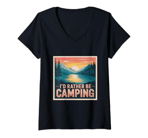 Mujer Camping retro, lago, bosque, montañas y puesta de sol Camiseta Cuello V
