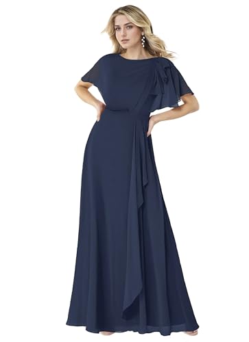 Short Sleeve Mother of The Bride Dress for Wedding Scoop Chiffon Pleated Formal Evening Dress A Line