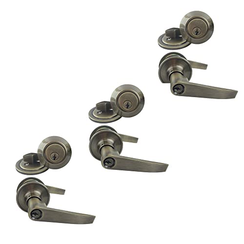 NU-SET Tustin Series Light Commercial and Residential Keyed Alike Entry Lever Lock and Single Cylinder Deadbolt Combo, Antique Brass Finish, Keyway, 3-Pack (T-E-5-3 + 70053)