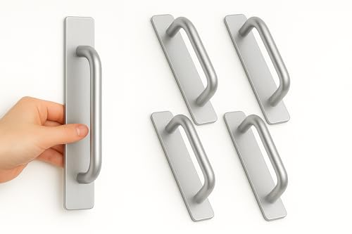 Image of Adhesive Cabinet Handles, Self-Stick Instant Cabinet Handles Alloy No Drilling Push Pull Handles Helper for Kitchen Cabinet Drawer Window Sliding Closet (Silver, 4 Pcs)