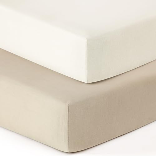 Image of GRSSDER Jersey Crib Sheets for Boys and Girls, Stretchy Ultra Soft Crib Fitted Sheets Set 2 Pack, Universal Fit All Standard Crib Mattress Pads Safe and Snug, Natural Cream/Beige