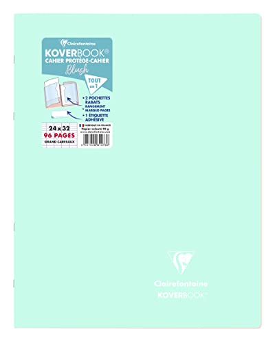 Clairefontaine 981473C Un Cahier Agrafé Koverbook Blush Menthe à l'eau - 24x32 cm - 96 Pages Grands Carreaux - Papier Blanc 90 g - Couverture Polypro Opaque