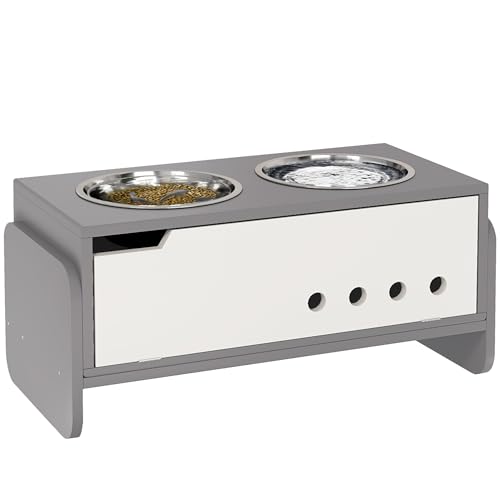 PawHut Erhöhter Hundenapf Höhenverstellbar Futternapf mit Stauraum Wassernapf 2 x 2000ml Edelstahlnäpfen Langsamfutternapf verstellbar Fressnapf Futterstation für Große Hunde Katzen Grau