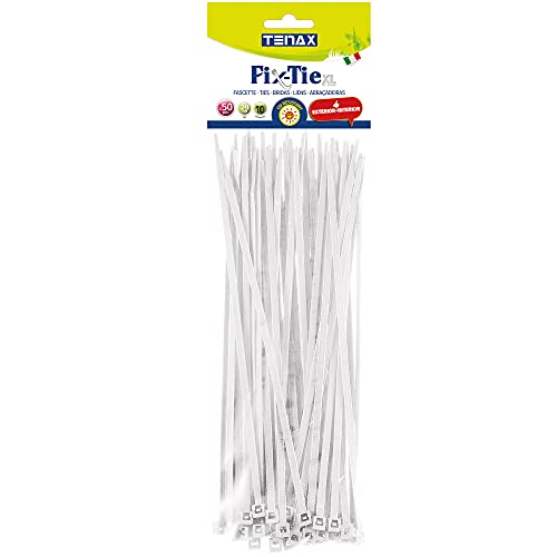 Tenax Fix-Tie XL - Bridas Multiusos de plástico, Longitud 29 cm, Color Blanco, Paquete de 50 Unidades Cover