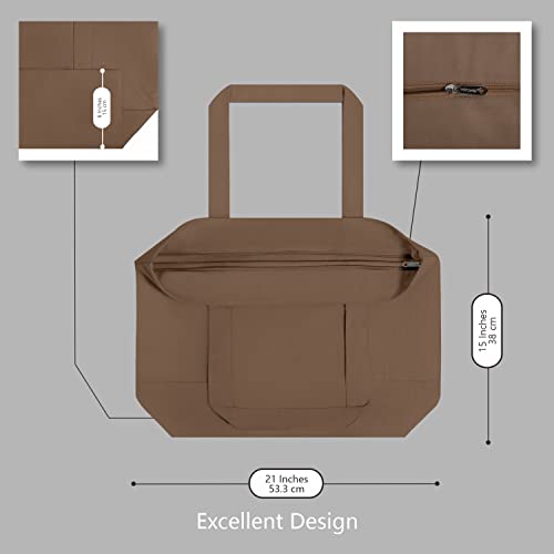 Image of TOPDesign 1-Pack Canvas Tote Bag with an External Pocket, Reusable Grocery Shopping Bag, Top Zipper Closure, Daily Essentials (Brown)