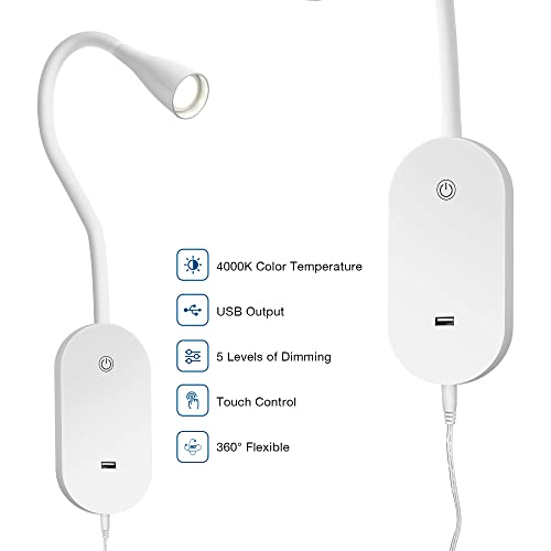Topmb Wall Mount Reading Light, Focused Book Light For Reading In Bed, 5 Dimming, Usb Output, 4 Hours Auto Off, Touch Control, Flexible Gooseneck Headboard Reading Lamp, Easy To Install (4000K White) #TOP3